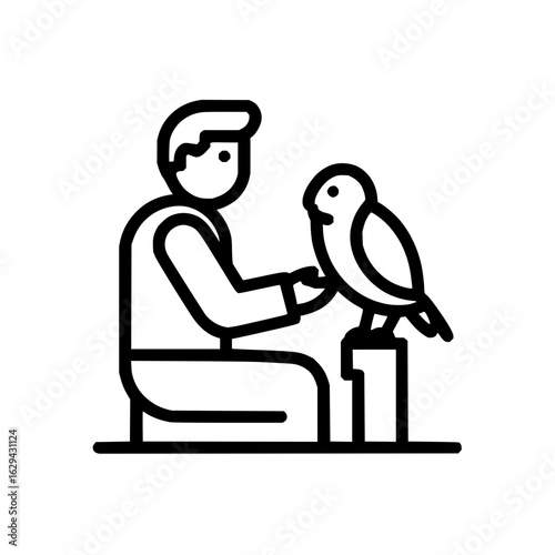 A line drawing showing a person kneeling and interacting with a bird perched on a stand in a simple style