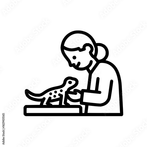 Person interacting with a small lizard on a platform in a black and white line drawing illustration