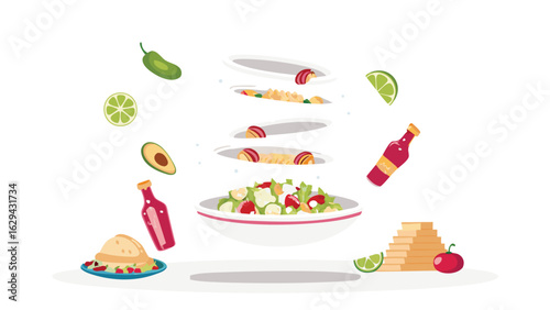Illustration of a salad being assembled with various ingredients and sauces around it on white