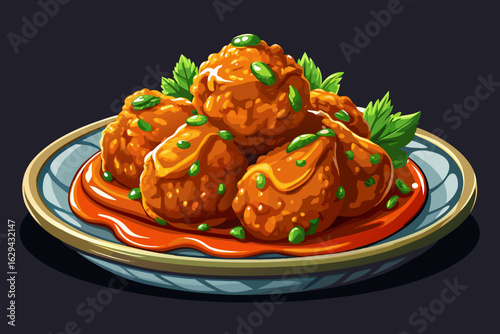 vector of Crispy fried chicken thighs dipped in zesty sauce in a stylish traditional dish. Dark background.