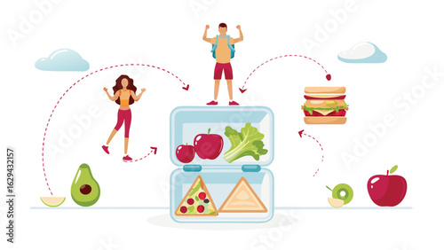 Healthy lifestyle with balanced diet and physical activity represented with lunchbox and people doing sports