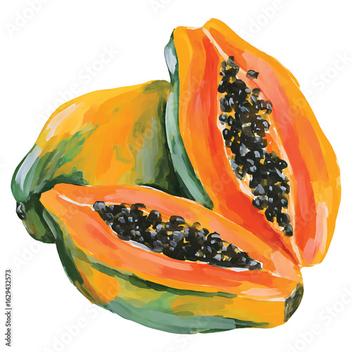 Vibrant watercolor illustration of ripe papaya fruit halves with black seeds tropical