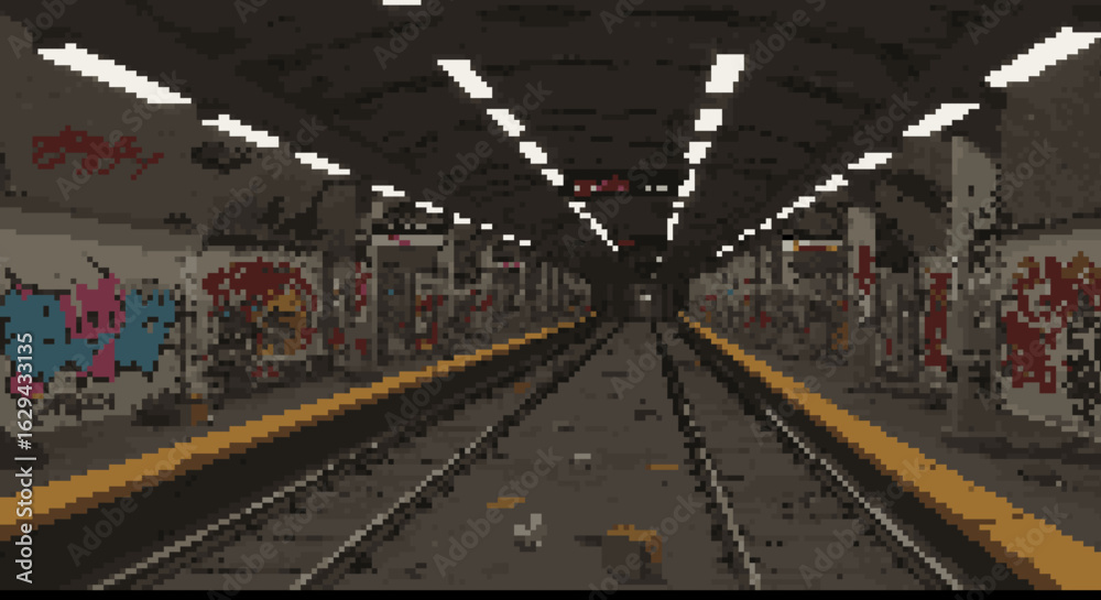 Naklejka premium Abandoned Subway Station with Graffiti and Debris
