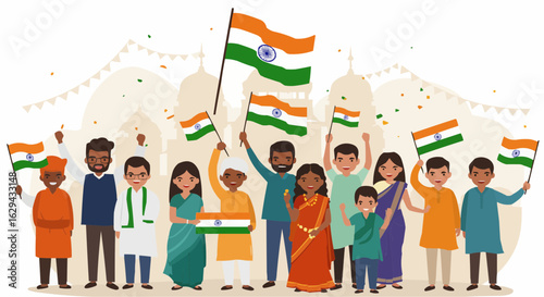 Indian Citizens Waving Tricolor Flag on 79th Independence Day Vector Illustration