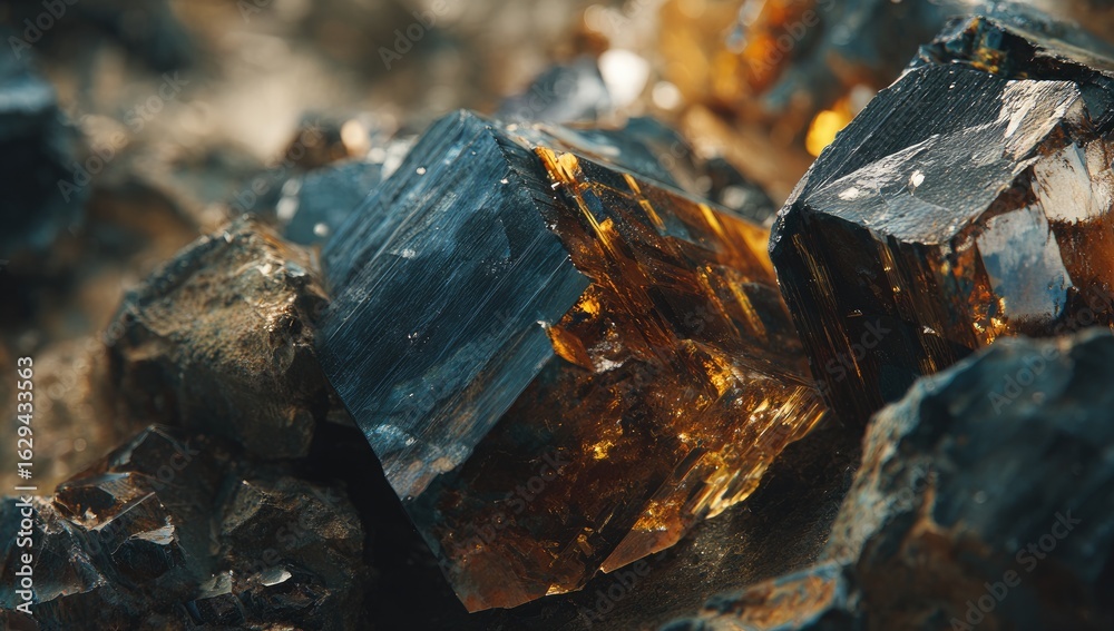 Obraz premium Close-up of multifaceted, amber-colored crystals nestled within dark, rough rocks