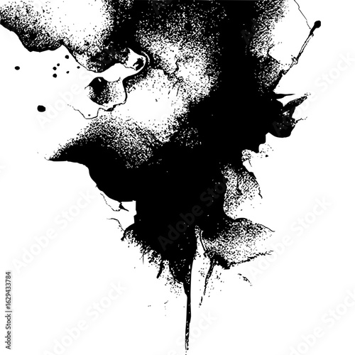 A black and white abstract image featuring a large ink blot with drips and splatters on a white background