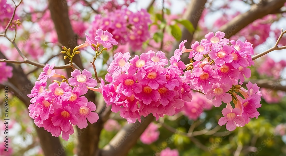 Naklejka premium Spectacular Display of Pink Trumpet Tree Blossoms in Full Bloom Creating a Floral Fantasy