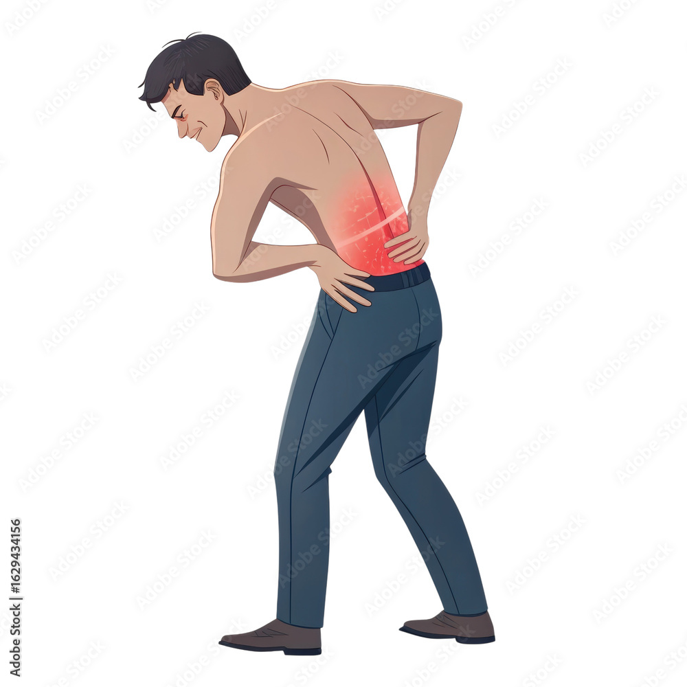 Fototapeta premium Man experiencing back pain while standing alone against a white background