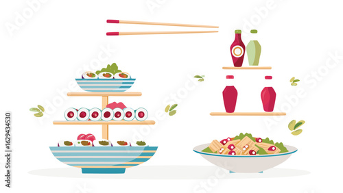 Sushi platter with chopsticks and sauce bottles arranged on shelves in a vibrant food illustration