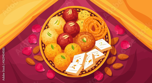An illustrative top-down view of a decorative plate filled with various colorful Indian sweets, garnished with nuts and rose petals, on a festive fabric background.