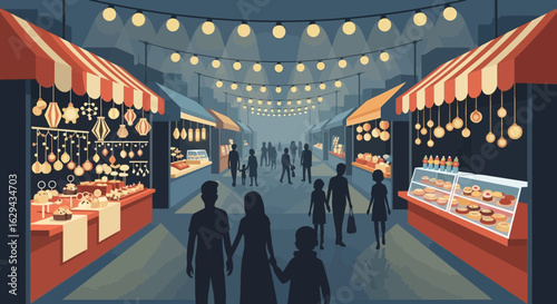 Night market bustling with families, shoppers browsing festive goods and treats under warm string lights.