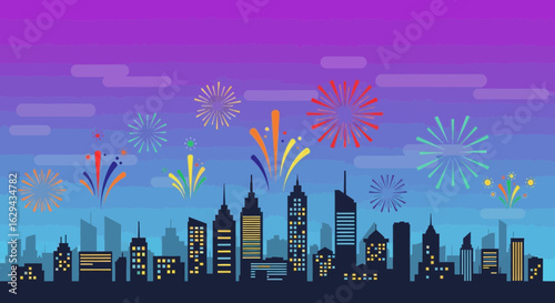 Vibrant fireworks explode over a city skyline at night, celebrating a festive occasion.