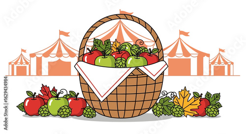 A bountiful autumn harvest basket with apples, grapes, and hops in front of festive fair or circus tents.