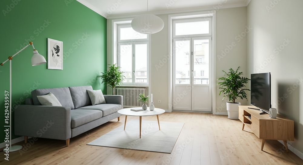 Fototapeta premium Scandinavian-inspired living room with grey sofa, lush plant, wooden floor, and green and white color palette