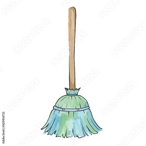Watercolor broom illustration with wooden handle and blue and green bristles for cleaning and sweeping