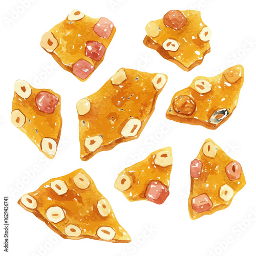 Watercolor illustration of peanut brittle candy pieces scattered across a white background, creating a textured pattern and design