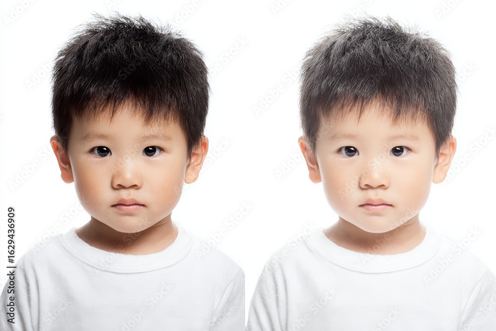 A professional headshot style portrait displays a young Asian male with black hair, wearing a dark t-shirt and posing in two similar positions against a light background, maintaining a neutral A professional headshot style portrait displays a young Asian male with black hair, wearing a dark t-shirt and posing in two similar positions against a light background, maintaining a neutral