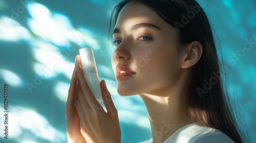 Bright portrait of a woman holding a skincare product in soft, natural lighting with a serene expression