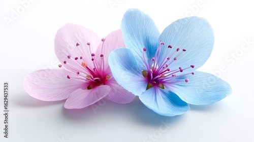Cherry blossoms with delicate blue and pink hues and soft transparent petals are isolated on a white background as a floral element for spring designs and decorative artwork on a branch