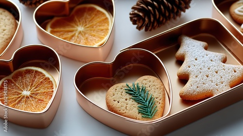 Christmas Baking Layout: Orange Slices, Cookie Cutters with Copper Decor on White