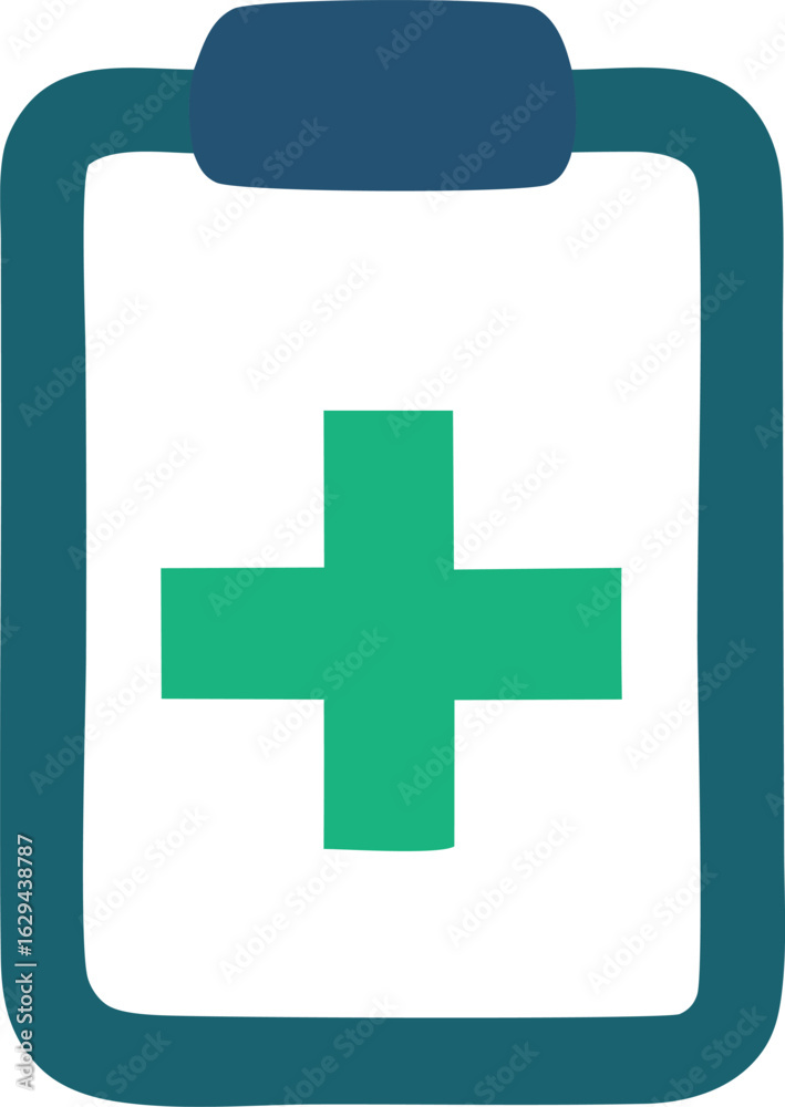 Fototapeta premium Modern green cross symbol on a white clipboard with teal border representing healthcare and medical records