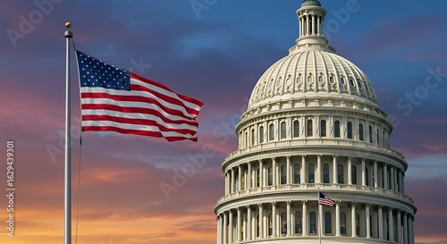 Wallpaper Mural The United States Capitol Building with American Flag Waving in the Sky Torontodigital.ca