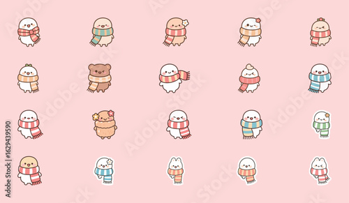Adorable cartoon snowmen and animals wearing scarves, a cute and cozy collection of winter characters for design.