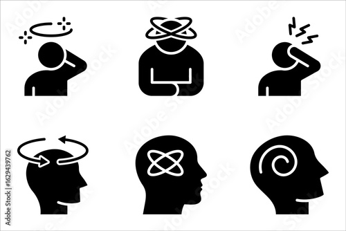 dizziness icon set, graphic pictogram of man with vertigo symptom of migraines, vector illustration on white background