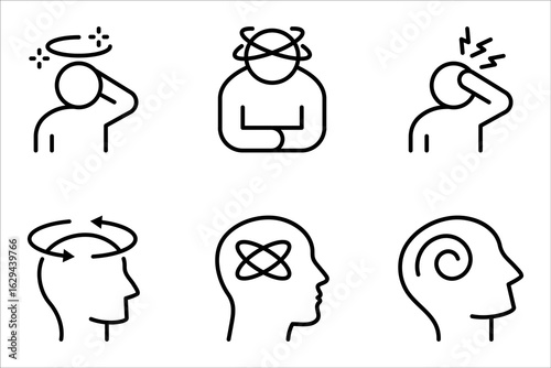 dizziness icon set, graphic pictogram of man with vertigo symptom of migraines, vector illustration on white background