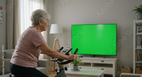 Older woman exercising on stationary bike at home