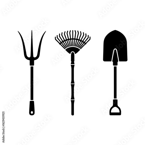 Silhouette illustration of garden tools: a pitchfork, a rake, and a shovel, isolated on a white background.
