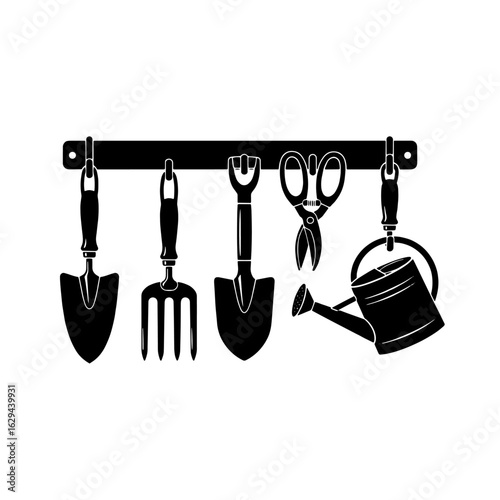 A black silhouette of gardening tools hung on a metal bar.