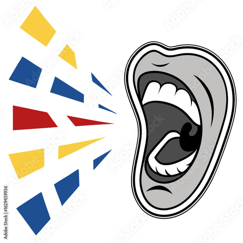 Illustration of an open mouth with colorful geometric shapes representing sound waves emanating from it