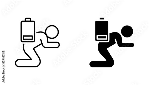 Tired person line icon set, lack battery energy, low charge, burnout workplace, stress icon vector illustration on white background