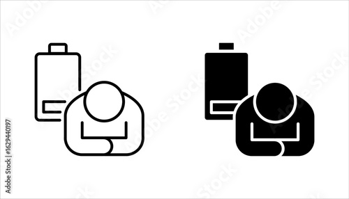 Tired person line icon set, lack battery energy, low charge, burnout workplace, stress icon vector illustration on white background