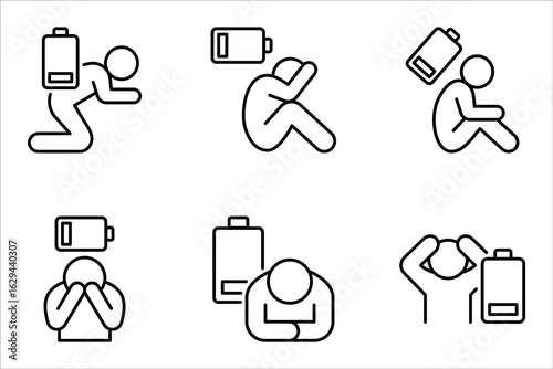 Tired person line icon set, lack battery energy, low charge, burnout workplace, stress icon vector illustration on white background
