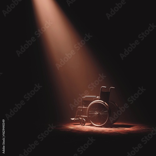 Empty wheelchair under soft spot light, loneliness, open interpretation