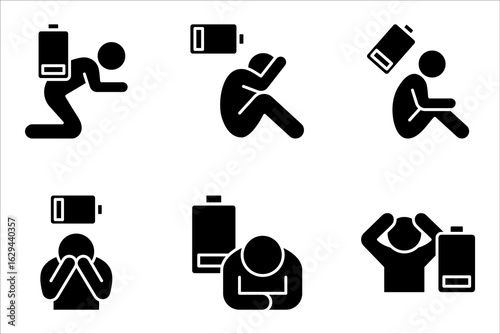 Tired person line icon set, lack battery energy, low charge, burnout workplace, stress icon vector illustration on white background