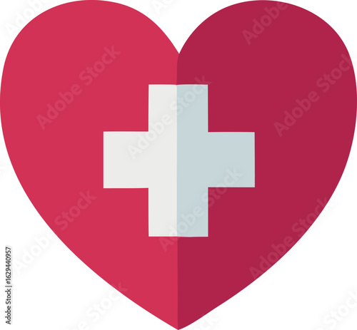 A stylized red heart with a white medical cross prominently displayed in its center symbolizing health and care