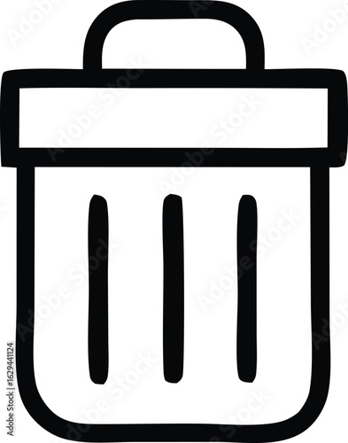 Simple hand drawn black outline icon of a trash can or waste bin with vertical slats and a handle