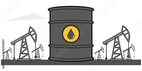 Illustration of an oil barrel with pump jacks extracting crude oil from the ground for the energy industry