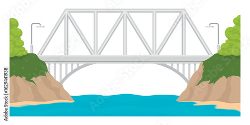 Vector illustration of a automobile bridge over a river with green banks and clear water creating a peaceful landscape