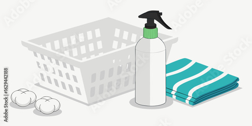 Vector art of isometric illustration of cleaning supplies including a basket, spray bottle, and folded towel on a white background