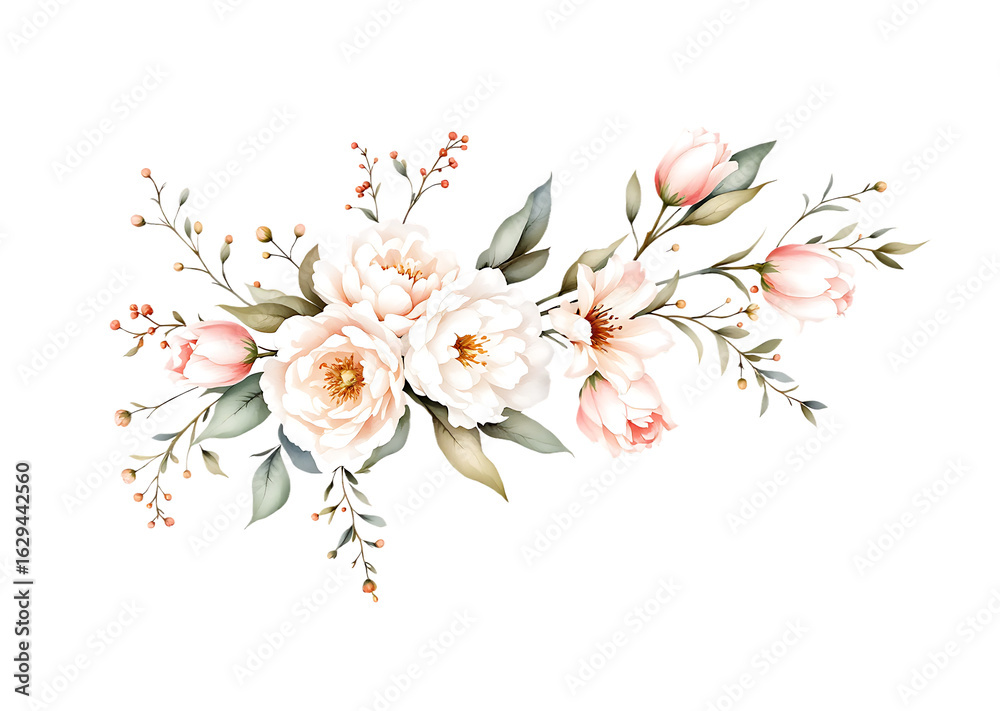 Naklejka premium Watercolor floral arrangement with white peonies, pink tulips and green leaves, isolated on transparent background.