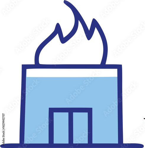 Simple blue line drawing of a building with flames erupting from its roof representing a fire or emergency situation