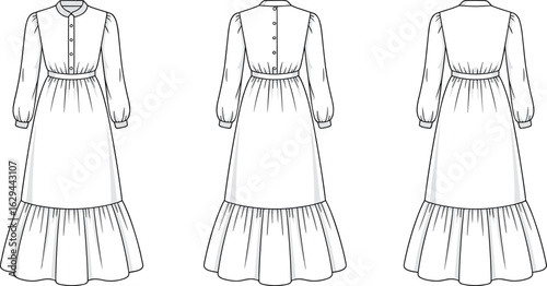 Women's modest long sleeve maxi dress flat sketch, front and back views, pleated ruffle hem, button closure, gathered waistline, technical fashion.