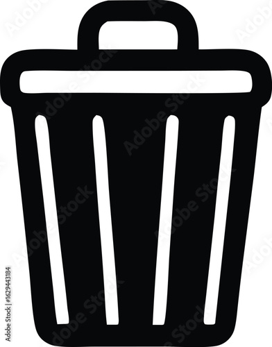 Simple black and white icon representing a trash can with vertical slats and a handle on top symbolizing deletion or waste