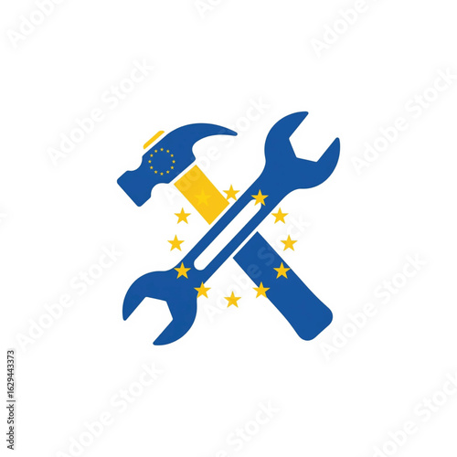This icon blends craftsmanship with European unity, featuring a hammer and wrench with the iconic EU stars - Created in Adobe Illustrator