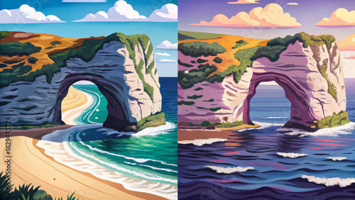 Coastal arch formed by wave erosion and cliff landscape