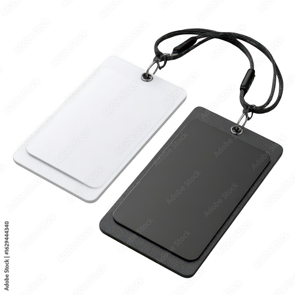 Fototapeta premium Two blank, rectangular identification cards, one white, one black, on cords